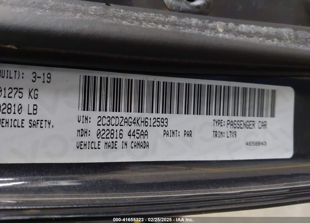 2019 DODGE CHALLENGER VIN: 2C3CDZAG4KH612593