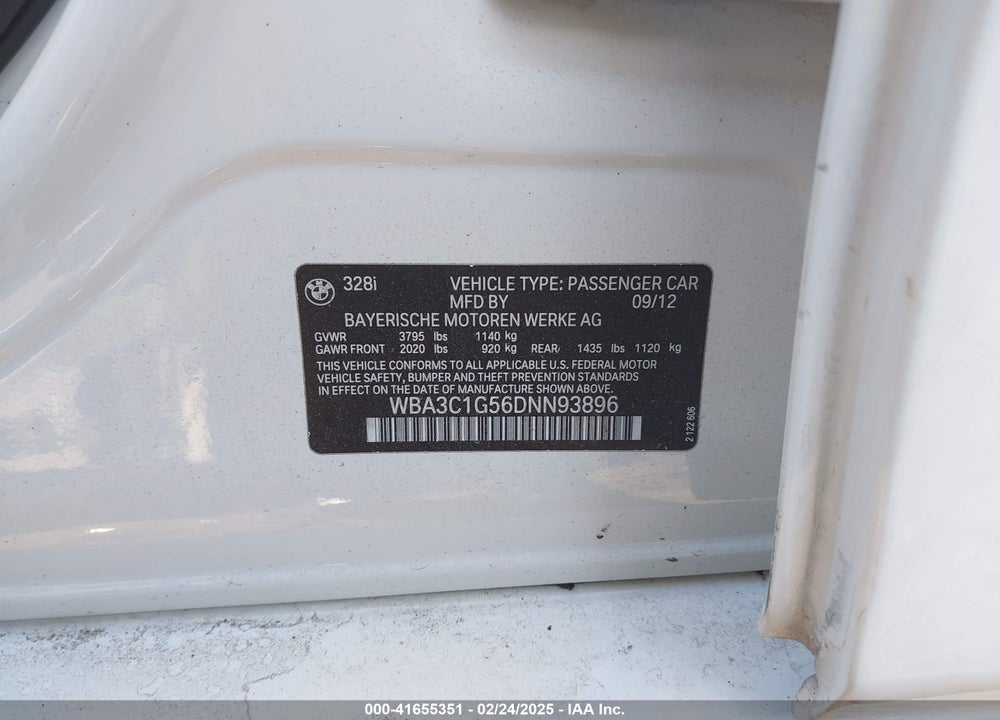 2013 BMW 328I VIN: WBA3C1G56DNN93896