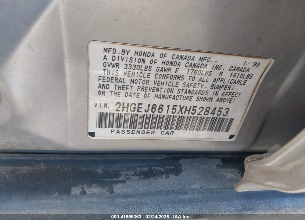 1999 HONDA CIVIC VALUE PACKAGE VIN: 2HGEJ6615XH528453