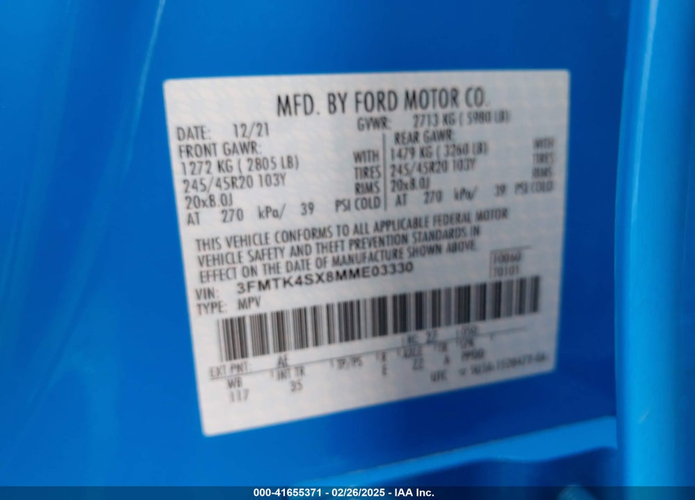 2021 FORD MUSTANG MACH-E GT VIN: 3FMTK4SX8MME03330