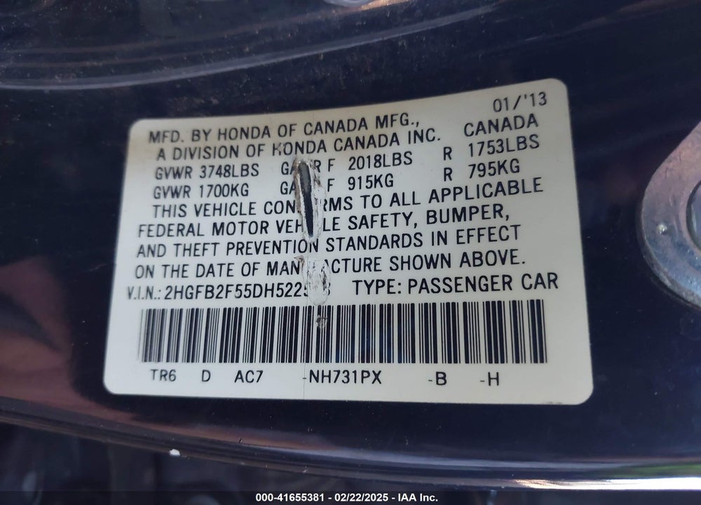 2013 HONDA CIVIC VIN: 2HGFB2F55DH522578