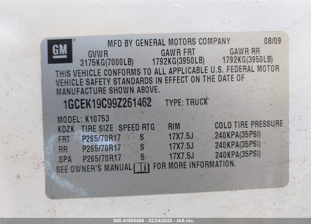 2009 CHEVROLET SILVERADO 1500 VIN: 1GCEK19C99Z261462