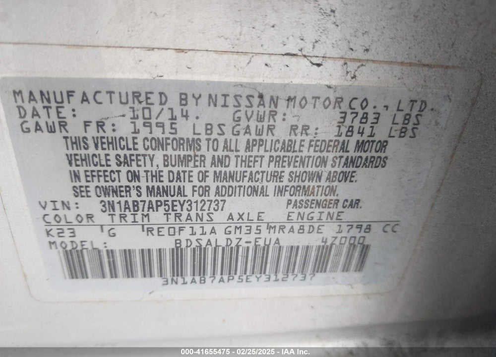 2014 NISSAN SENTRA VIN: 3N1AB7AP5EY312737