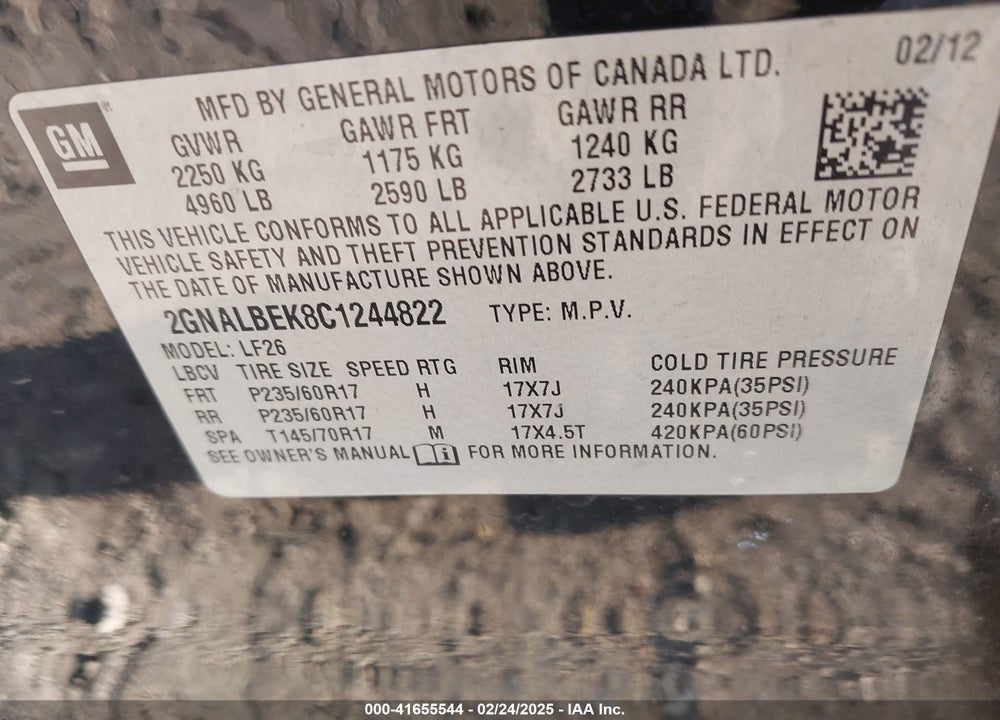 2012 CHEVROLET EQUINOX LS VIN: 2GNALBEK8C1244822