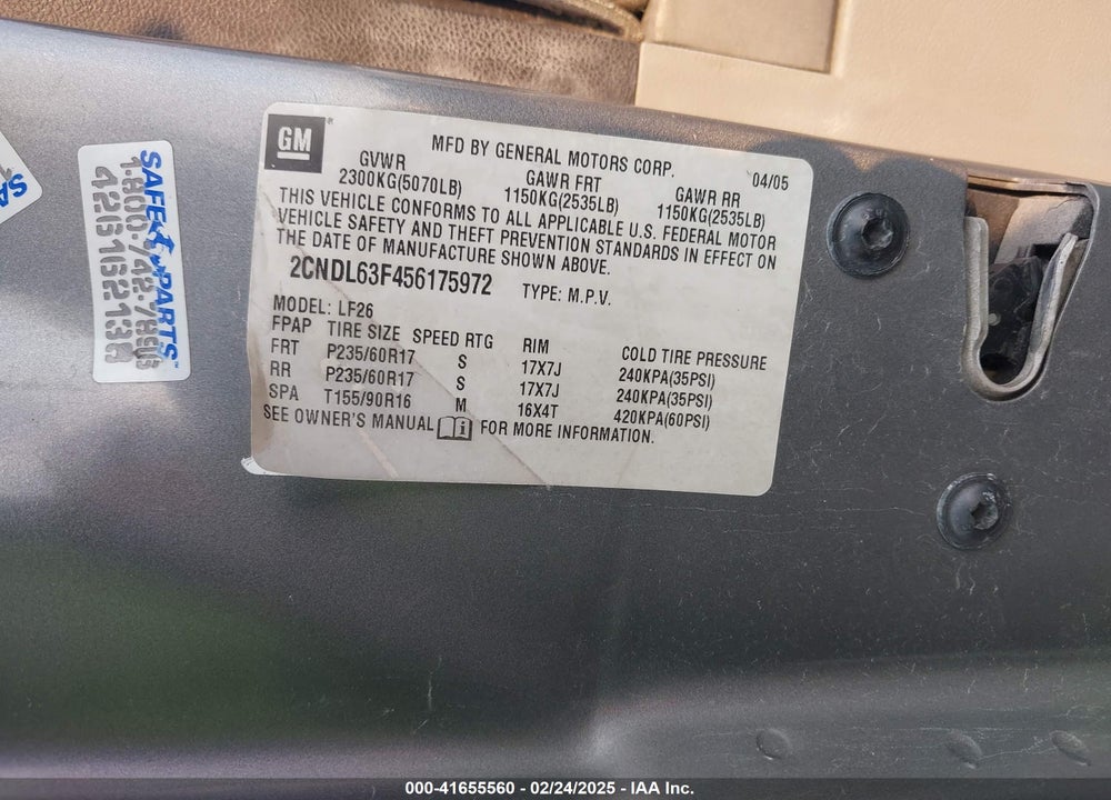 2005 CHEVROLET EQUINOX VIN: 2CNDL63F456175972