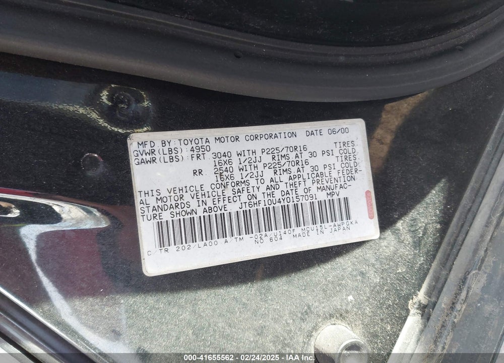 2000 LEXUS RX 300 VIN: JT6HF10U4Y0157091