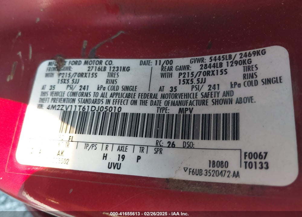 2001 MERCURY VILLAGER VIN: 4M2ZV11T61DJ05010