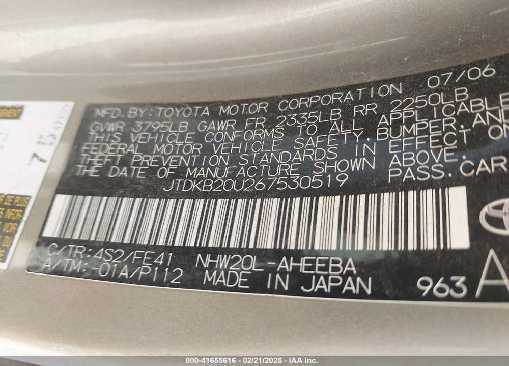 2006 TOYOTA PRIUS VIN: JTDKB20U267530519