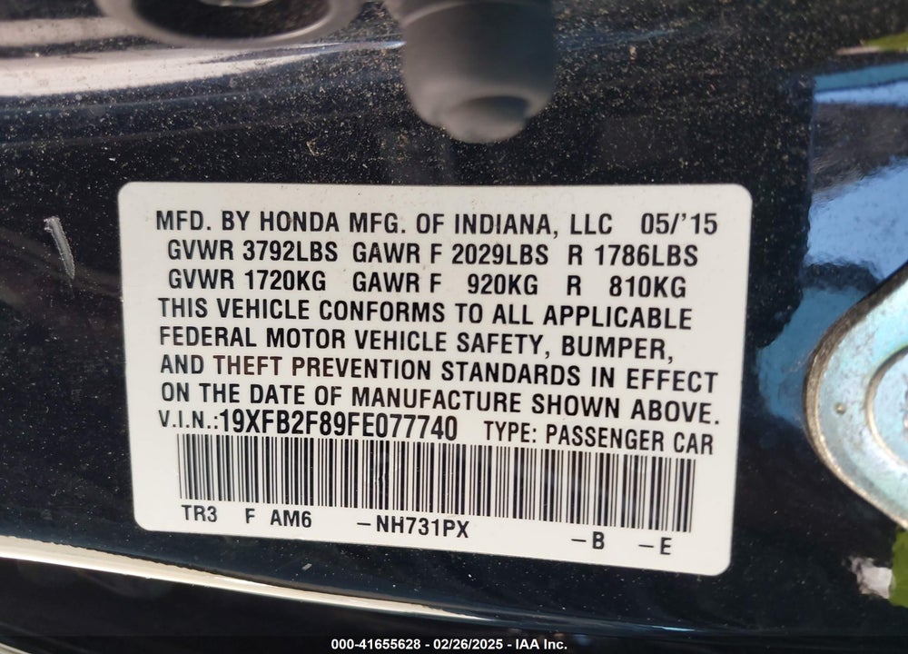 2015 HONDA CIVIC VIN: 19XFB2F89FE077740