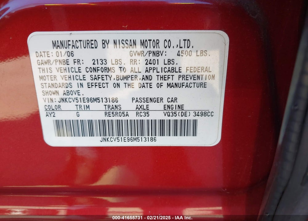 2006 INFINITI G35 VIN: JNKCV51E96M513186