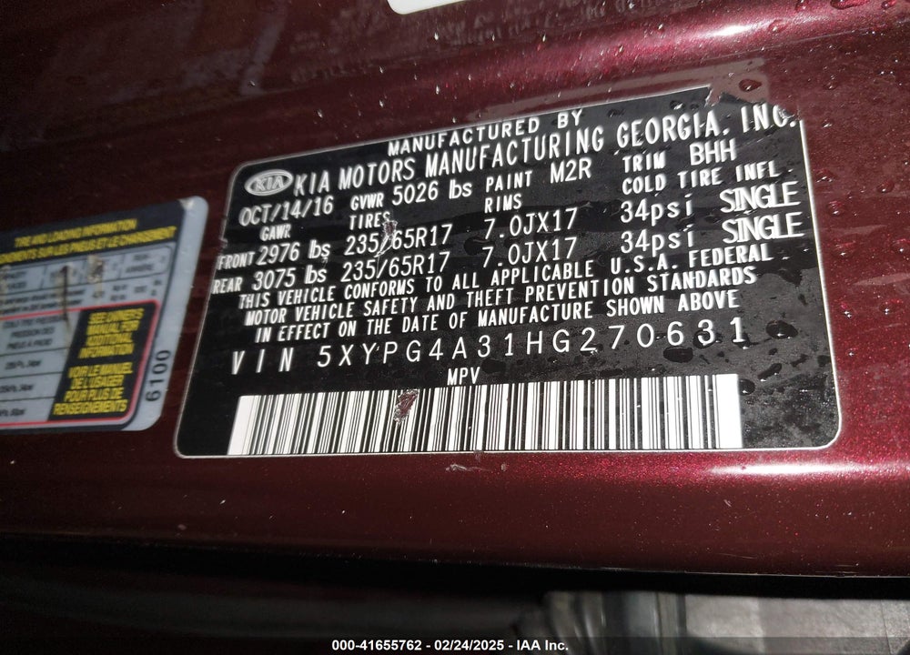 2017 KIA SORENTO VIN: 5XYPG4A31HG270631
