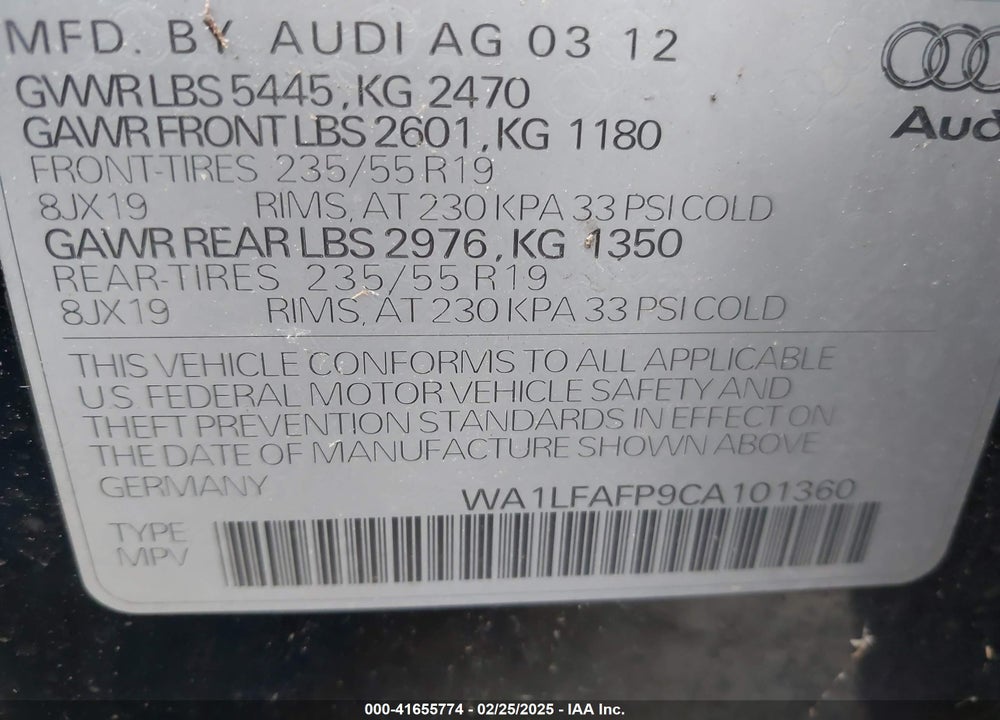 2012 AUDI Q5 2.0T PREMIUM VIN: WA1LFAFP9CA101360