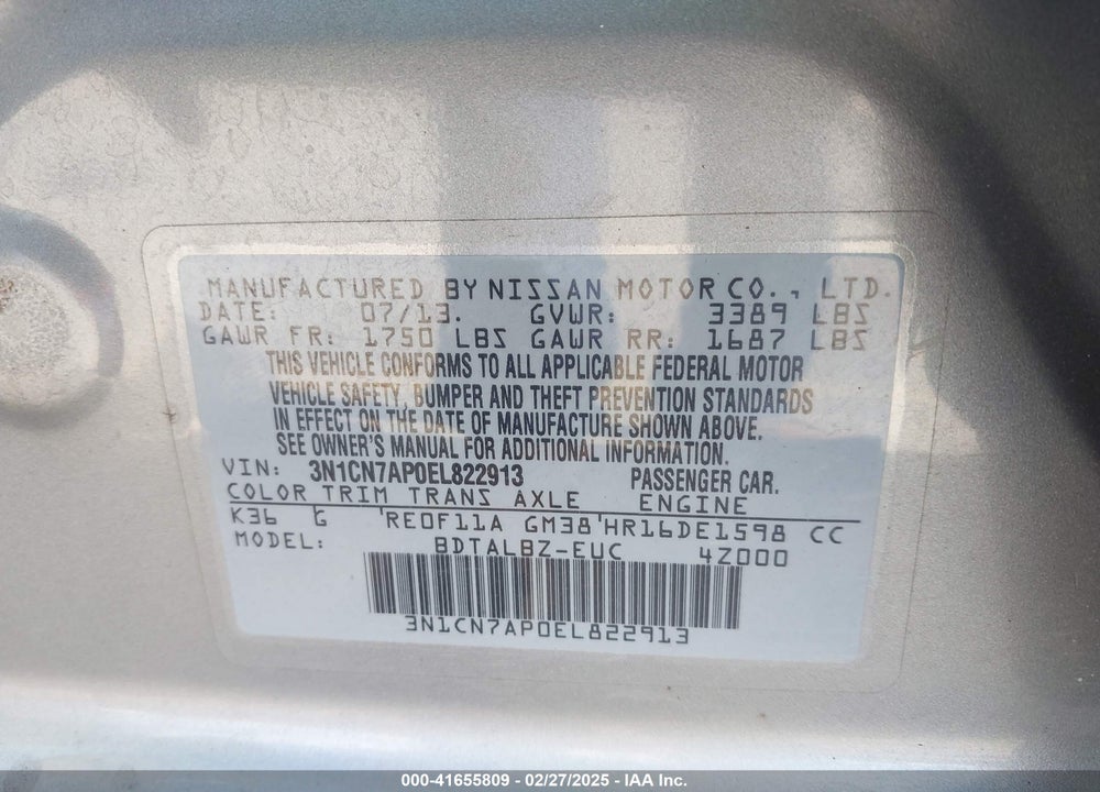 2014 NISSAN VERSA VIN: 3N1CN7AP0EL822913