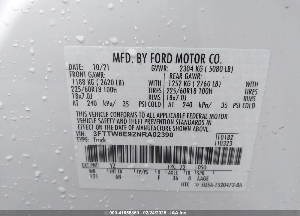 2022 FORD MAVERICK VIN: 3FTTW8E92NRA02390