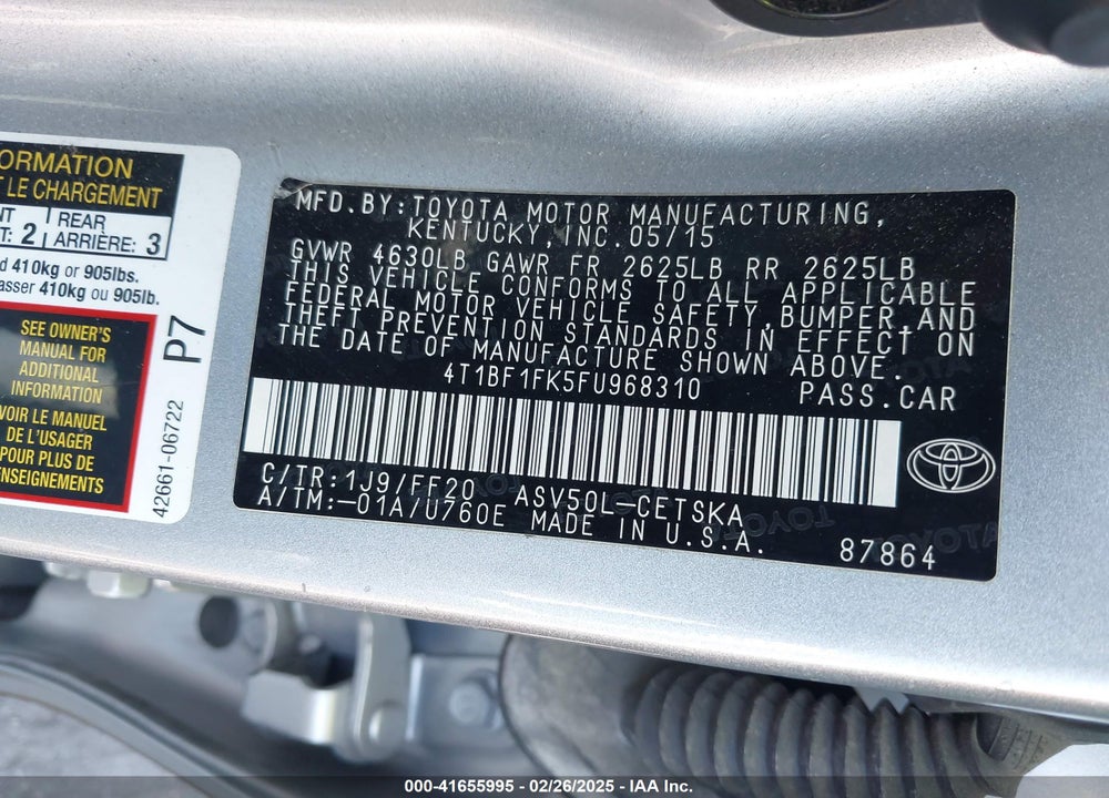 2015 TOYOTA CAMRY SE VIN: 4T1BF1FK5FU968310