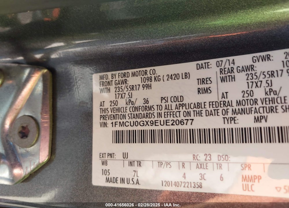 2014 FORD ESCAPE SE VIN: 1FMCU0GX9EUE20677