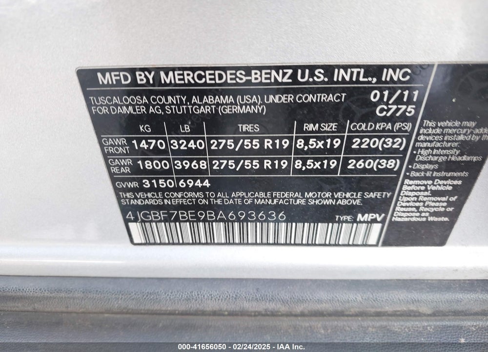 2011 MERCEDES-BENZ GL 450 4MATIC VIN: 4JGBF7BE9BA693636