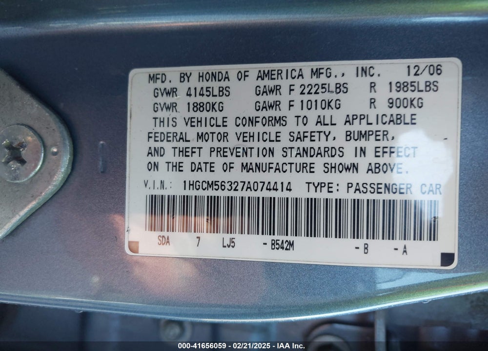 2007 HONDA ACCORD VIN: 1HGCM56327A074414
