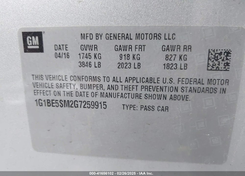 2016 CHEVROLET CRUZE LT AUTO VIN: 1G1BE5SM2G7259915