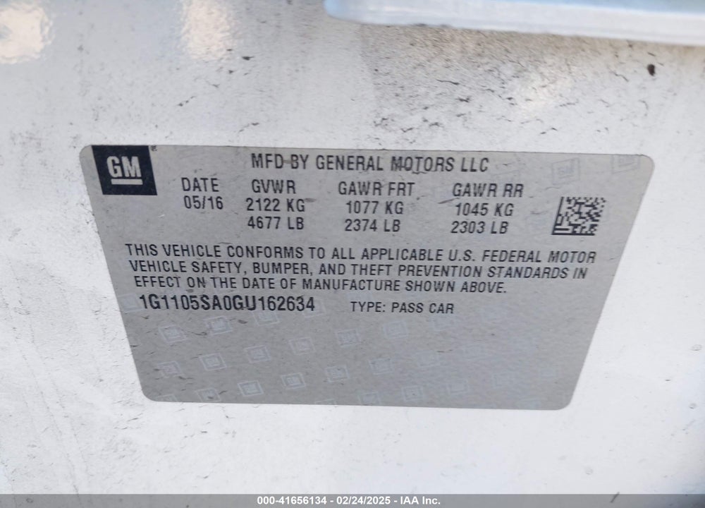2016 CHEVROLET IMPALA VIN: 1G1105SA0GU162634