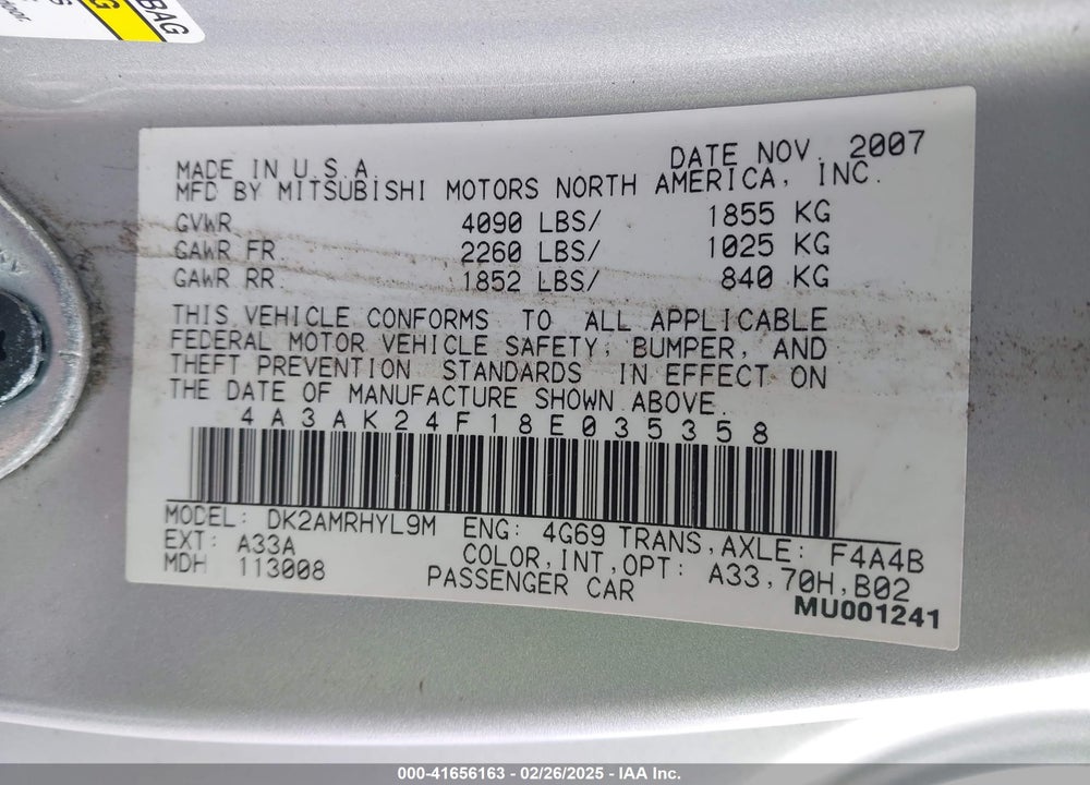 2008 MITSUBISHI ECLIPSE GS VIN: 4A3AK24F18E035358