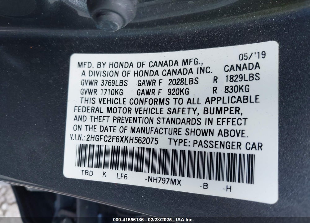 2019 HONDA CIVIC LX VIN: 2HGFC2F6XKH562075