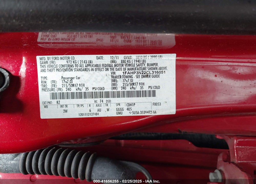 2012 FORD FOCUS VIN: 1FAHP3N22CL316051