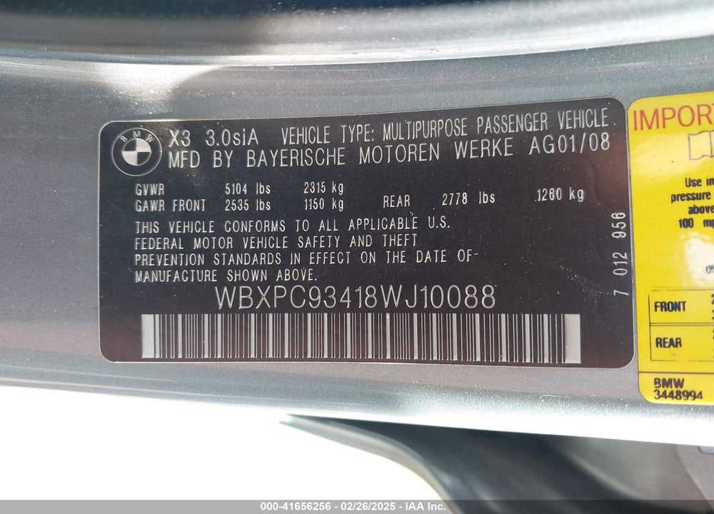 2008 BMW X3 3.0SI VIN: WBXPC93418WJ10088