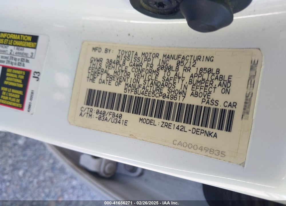 2012 TOYOTA COROLLA VIN: 5YFBU4EE5CP049617