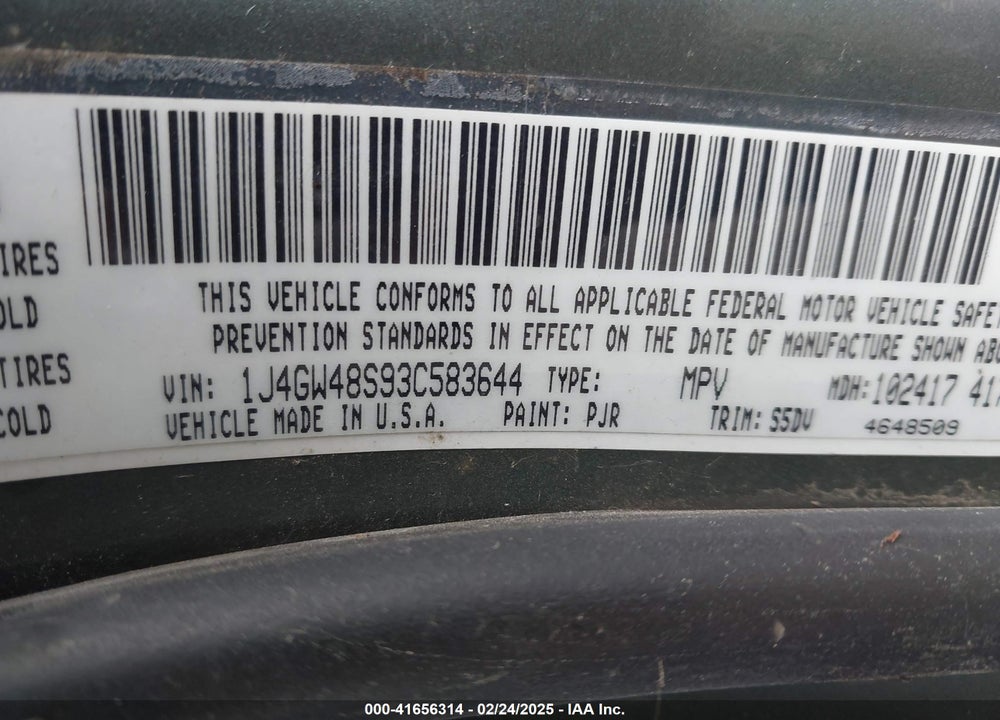 2003 JEEP GRAND CHEROKEE LAREDO VIN: 1J4GW48S93C583644