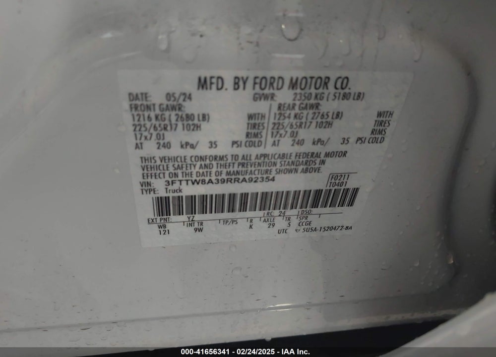2024 FORD MAVERICK VIN: 3FTTW8A39RRA92354