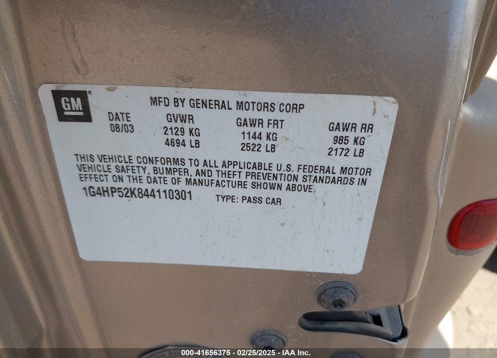 2004 BUICK LESABRE CUSTOM VIN: 1G4HP52K844110301