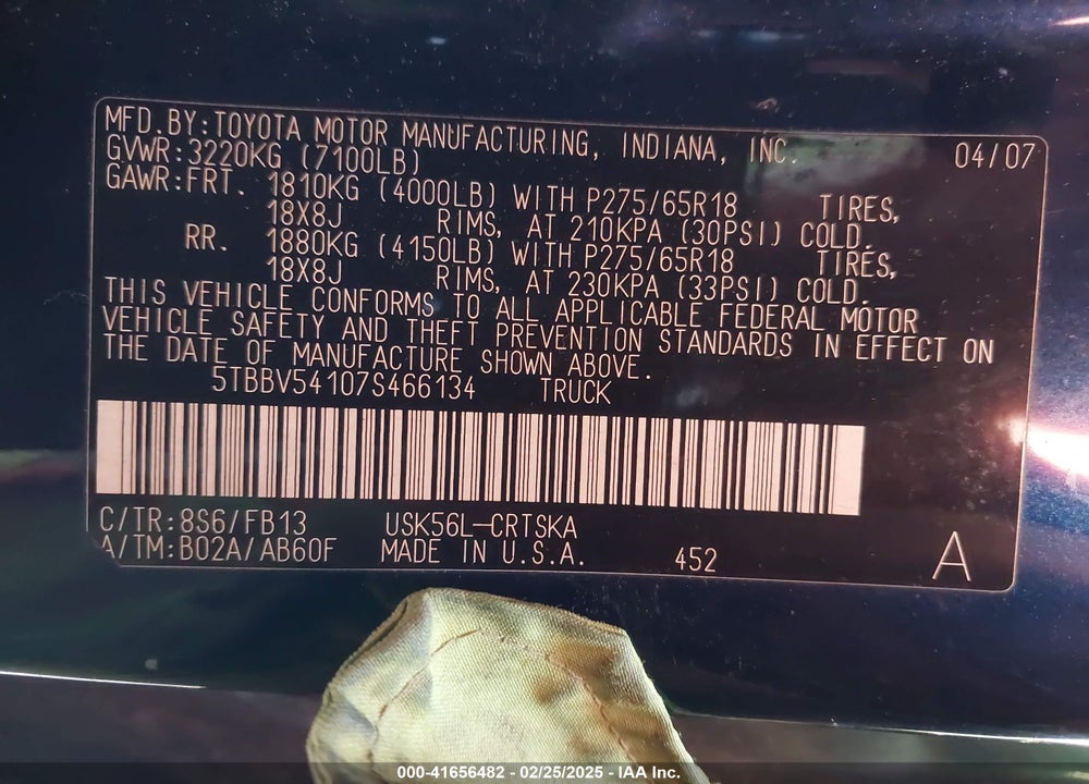 2007 TOYOTA TUNDRA SR5 5.7L V8 VIN: 5TBBV54107S466134