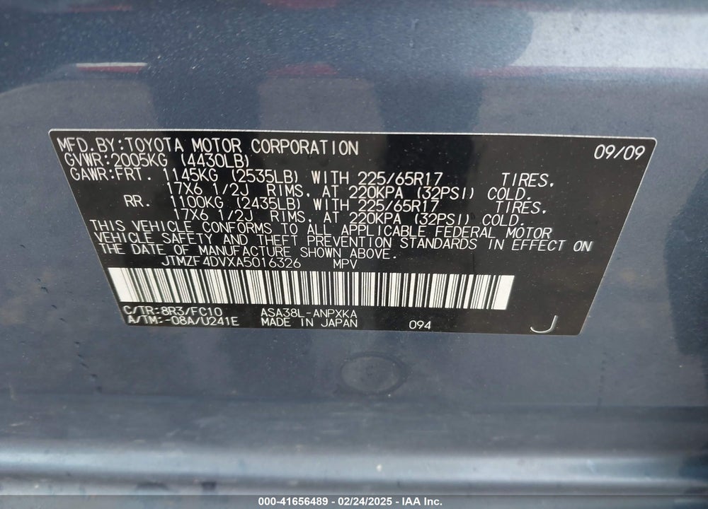 2010 TOYOTA RAV4 VIN: JTMZF4DVXA5016326