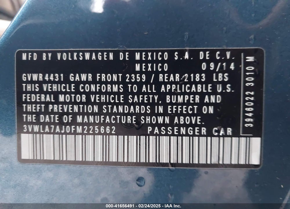 2015 VOLKSWAGEN JETTA VIN: 3VWLA7AJ0FM225662