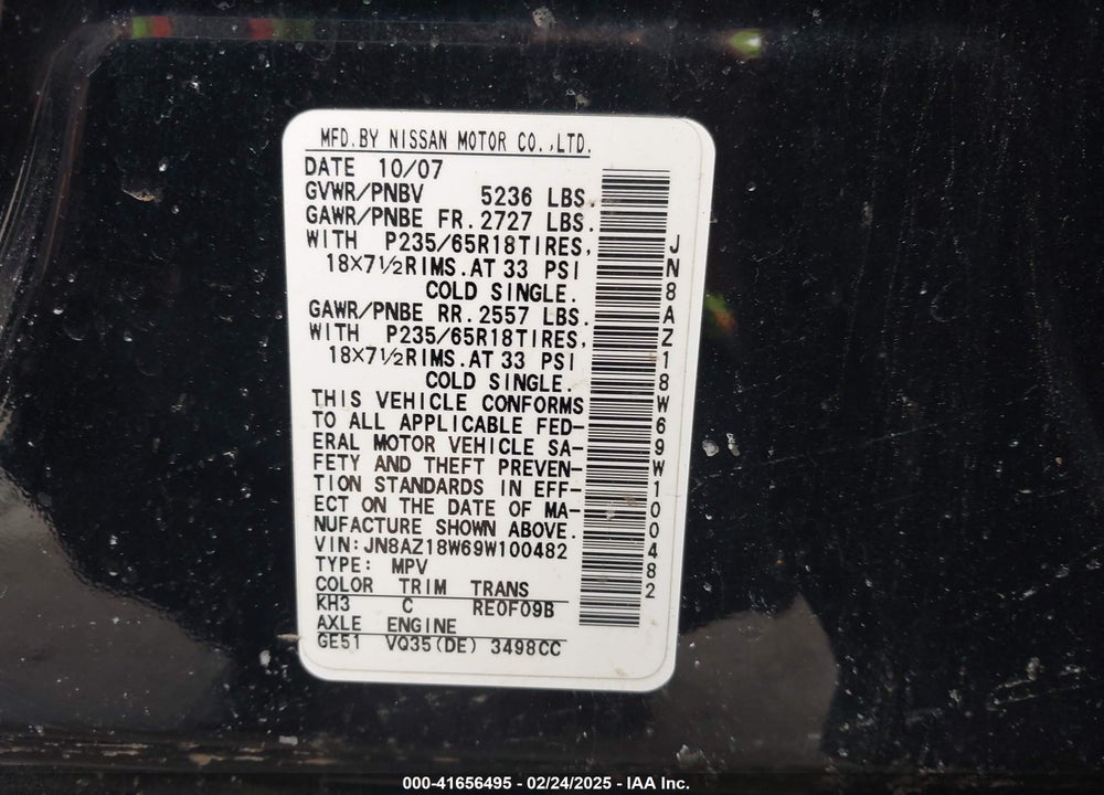 2009 NISSAN MURANO VIN: JN8AZ18W69W100482