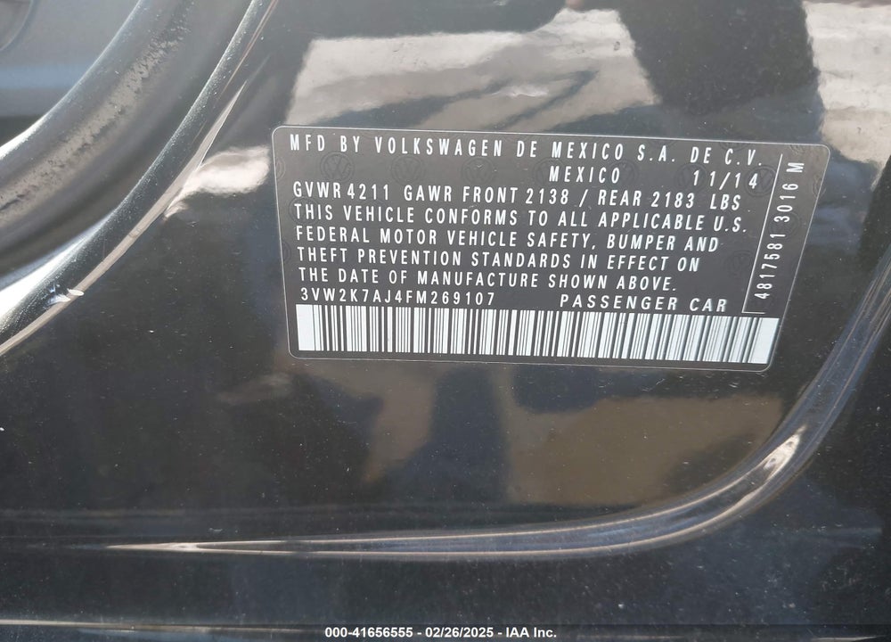 2015 VOLKSWAGEN JETTA VIN: 3VW2K7AJ4FM269107