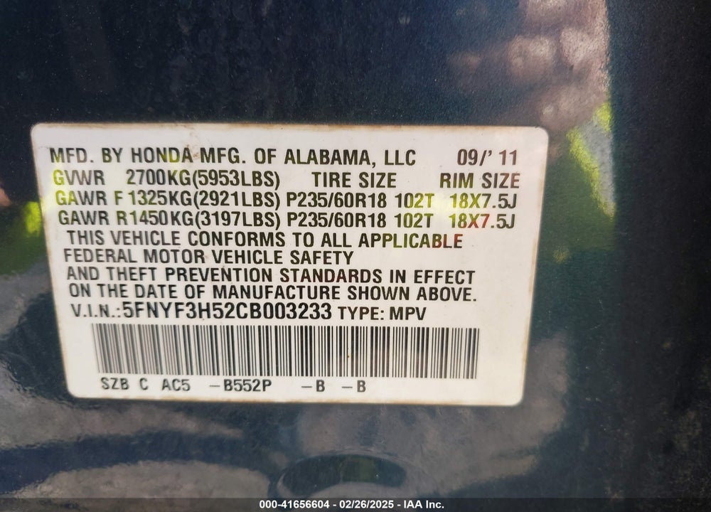 2012 HONDA PILOT EX-L VIN: 5FNYF3H52CB003233