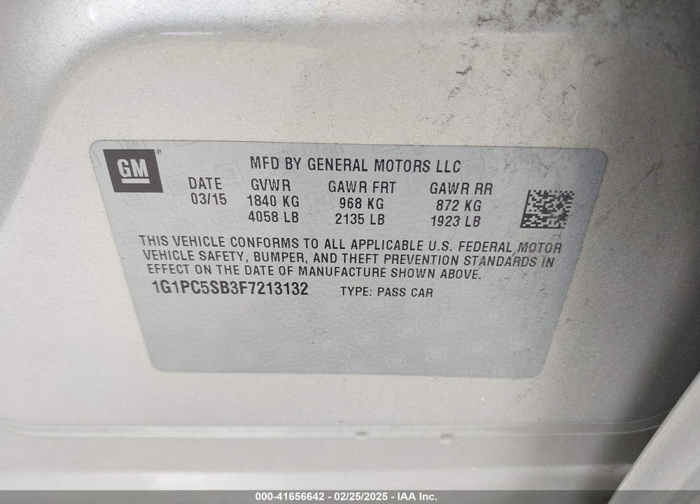 2015 CHEVROLET CRUZE VIN: 1G1PC5SB3F7213132