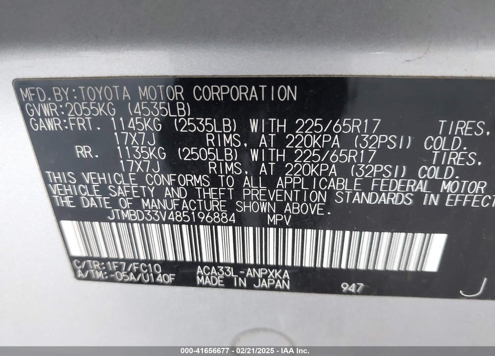 2008 TOYOTA RAV4 VIN: JTMBD33V485196884