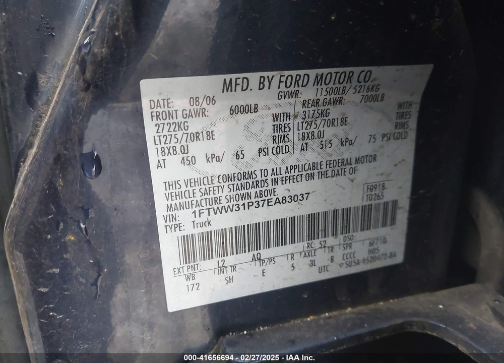 2007 FORD F-350 LARIAT/XL/XLT VIN: 1FTWW31P37EA83037
