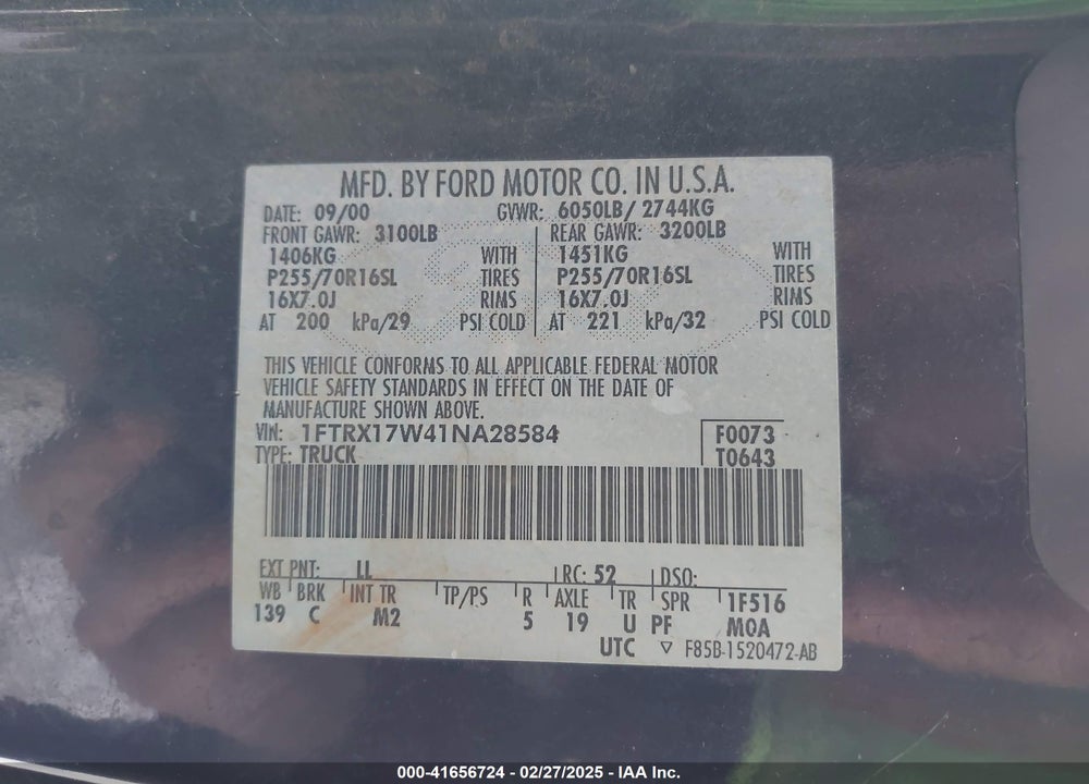 2001 FORD F-150 LARIAT/XL/XLT VIN: 1FTRX17W41NA28584