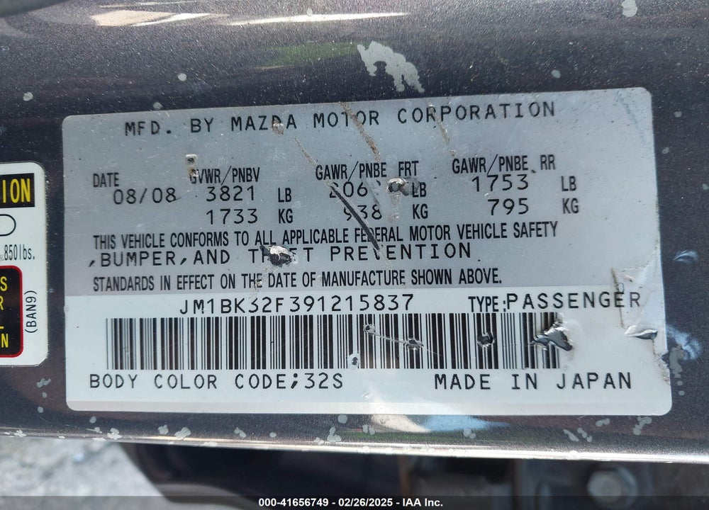 2009 MAZDA MAZDA3 VIN: JM1BK32F391215837