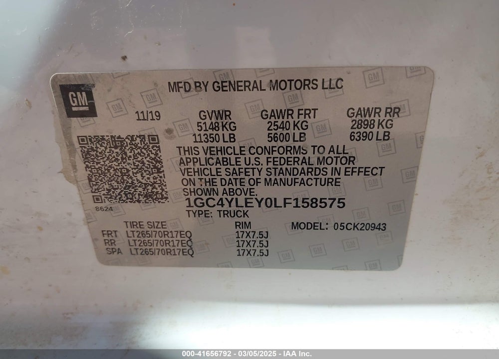 2020 CHEVROLET SILVERADO 2500HD VIN: 1GC4YLEYOLF158575