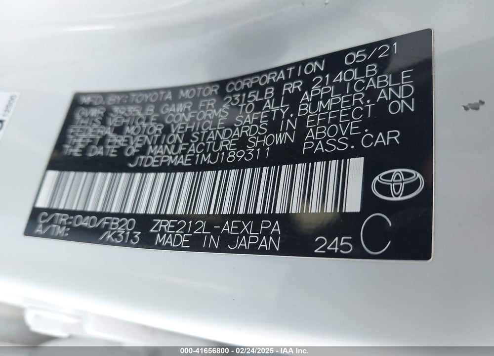 2021 TOYOTA COROLLA VIN: JTDEPMAE1MJ189311