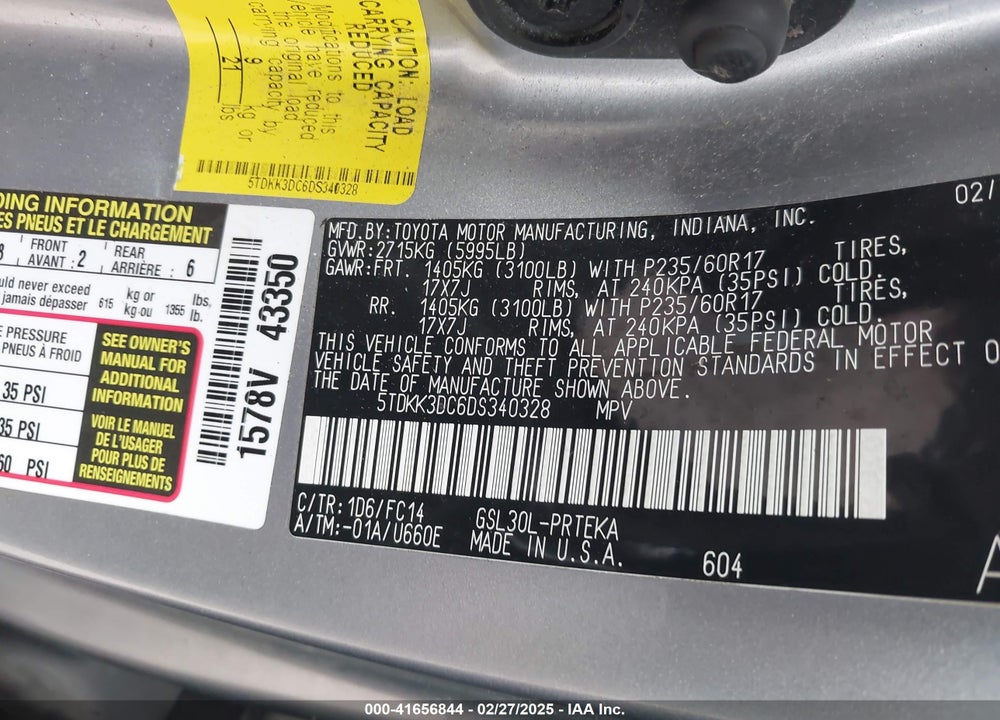 2013 TOYOTA SIENNA VIN: 5TDKK3DC6DS340328