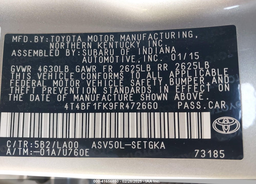 2015 TOYOTA CAMRY VIN: 4T4BF1FK9FR472660