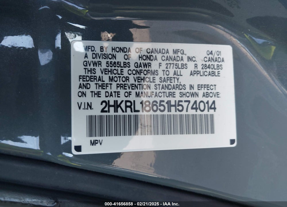 2001 HONDA ODYSSEY EX VIN: 2HKRL18651H574014
