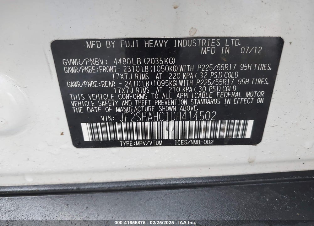2013 SUBARU FORESTER VIN: JF2SHAHC1DH414502