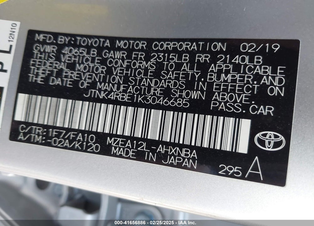 2019 TOYOTA COROLLA VIN: JTNK4RBE1K3046685